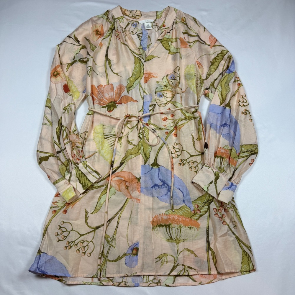 H&M Floral Tunic Dress Womens M Peach Pink V Neck Drawstring Boho Mini